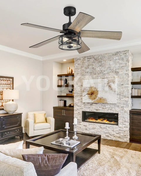 48 Inch Dope Industrial Black Farmhouse Ceiling Fan With Glass Shade in modern living room setting, reversible matte black and wood blades