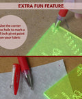 Green Must Have Seam Allowance Ruler And Magnetic Guide For Sewing Machines showing 1/4 inch pivot point use on fabric.