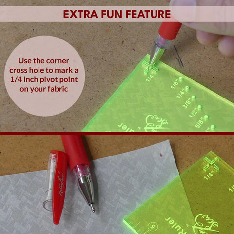 Green Must Have Seam Allowance Ruler And Magnetic Guide For Sewing Machines showing 1/4 inch pivot point use on fabric.