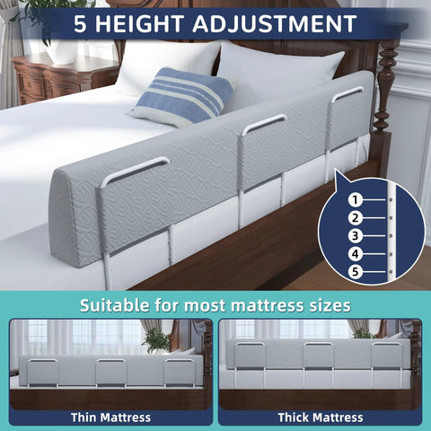 Zero Wiggle Toddler Bed Bumper With Comfy Foam Padding Kid Approved Safety Guard Rail Works Perfect On Twin Full Queen King Beds Grey 59 Inch Frame showing adjustable height options.