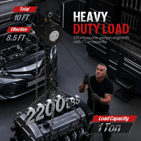 Hand Chain Hoist 1 Ton Capacity With 10 Ft Chain 2 Beefy Heavy Duty Hooks Manual Chain Fall lifting engine in garage