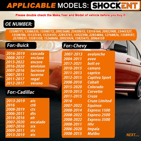 Applicable models for SHOCKENT OE number listing for Buick, Chevy, and Cadillac vehicles with years and models included.