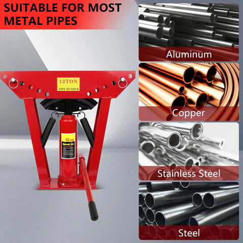 12 Ton Manual Hydraulic Copper Pipe Bender With 6 Adjustable Roller Dies, red portable bending machine for aluminum, copper, stainless steel, and steel pipes.
