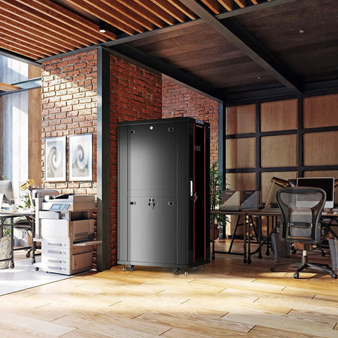 Heavy Duty 37U Server Rack Cabinet 39 Inch Deep With Dope Cooling Vents And Premium Steel Build in modern office setting.