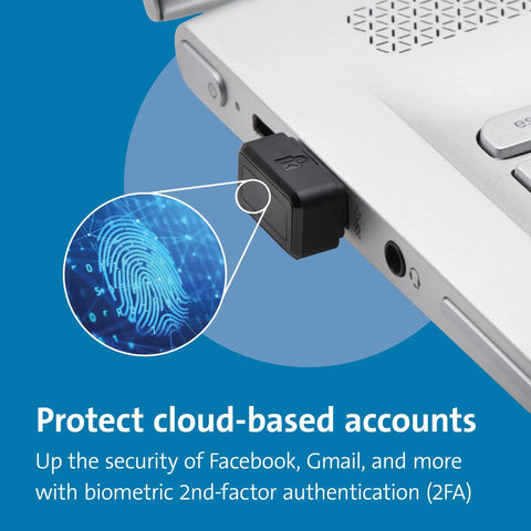 VeriMark Gen1 USB A Fingerprint Key Reader For Windows Hello plugged into laptop for secure login.