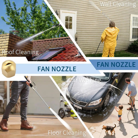 High Pressure Hose Nozzle Attachment Wand in use for rooftop, wall, car, and floor cleaning with dual spray tips.