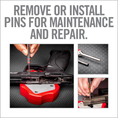 11 Piece Standard Punch Set With Pro Grade Heavy Duty Premium Steel Punches in use for firearm pin maintenance and repair.