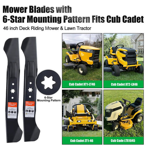 46 Inch Mower Blades Replacement For Enduro XT1 46 LT46 LX46 LTX1045 LTX1046 XT2 46 Zero Turn Mowers With 6 Point Star Mounting Pattern High Lift Compatible With 942 04290 942 04244A image showing blades and compatible mowers