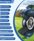 Flat Free Solid PU Run Flat Tire Wheels Set For Hand Trucks And Garden Carts 10x3.50-4 features and benefits illustration.
