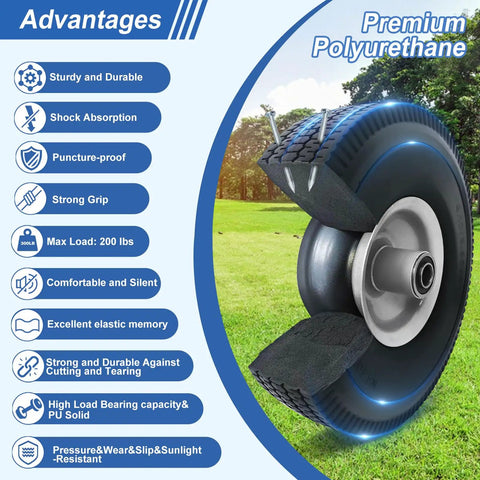 Flat Free Solid PU Run Flat Tire Wheels Set For Hand Trucks And Garden Carts 10x3.50-4 features and benefits illustration.