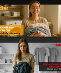 Comparison image showing a happy woman with folded laundry after using Dryer Repair Kit With Drive Belt Idler Pulley And Drum Roller Set For Cabrio Duet Style Dryers DIY Friendly Easy Install Replaces 4392067 661570 279640 WPW10314173 And Related Models, and a sad woman with clothes before repair.