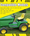 Side view of a green riding lawn mower with a yellow seat and wheels on grass.