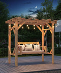 Cedar Wood Outdoor Pergola Swing Bench With Stand And Canopy Three Seat Patio Hammock Swing Set At Night In Backyard