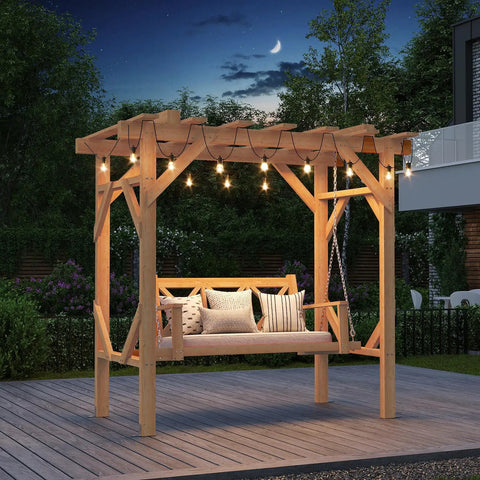 Cedar Wood Outdoor Pergola Swing Bench With Stand And Canopy Three Seat Patio Hammock Swing Set At Night In Backyard