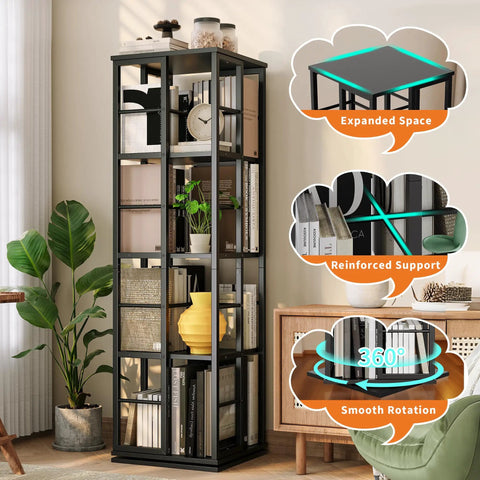 4 Tier 360 Degree Rotating Corner Bookshelf With Industrial Metal Frame And Spinning Storage Shelf Tall 54 Inch Tower With 16 Compartments