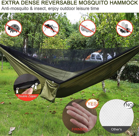 Go To Camping Hammock With Rain Fly Tarp And Built In Mosquito Net set up outdoors, showing double zipper and extra dense netting