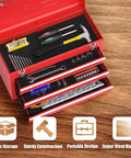 Lockable Red Steel Tool Chest With Three Drawers And Top Tray Portable Toolbox For Home Garage Workshop And Repair Shop Heavy Duty Tool Organizer Tough As Nails Metal Cabinet For Tools And Gear, open with tools