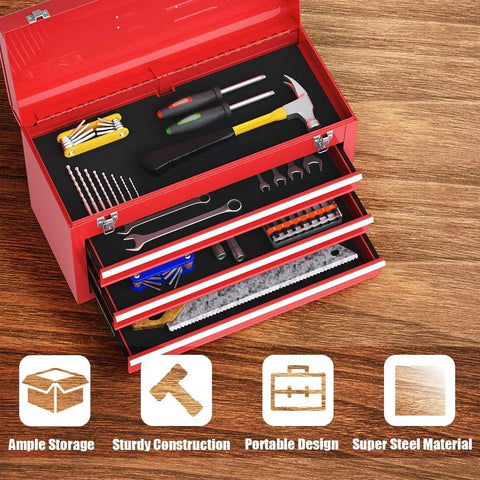 Lockable Red Steel Tool Chest With Three Drawers And Top Tray Portable Toolbox For Home Garage Workshop And Repair Shop Heavy Duty Tool Organizer Tough As Nails Metal Cabinet For Tools And Gear, open with tools