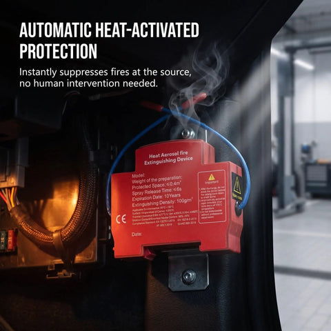 Automatic Vehicle Fire Extinguisher Dual Pack Engine Bay Heat Trigger Fuel And Electrical Fire Suppression Ready To Drop In Badass Auto Fire Defense For Your Daily Driver Ride, heat-activated device with smoke.
