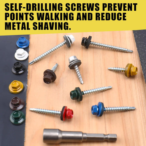 Assorted colored Red Hex Head Self Drilling Roofing Screws For Wood And Sheet Metal, 200 Piece Set, No 10 X 2 Inches with EPDM washer