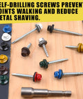 Variety of self-drilling screws with hex heads and a magnetic driver bit on wooden surface