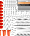 Upgraded Pegboard Organizer Kit All In One With 330 Piece Accessory Set Bins Cups And Hooks For Garage Or Workshop Tool Storage Fits One Eighth Or One Quarter Inch Pegboard Wall Mounted Organizer shown with hooks, bins, and cups.
