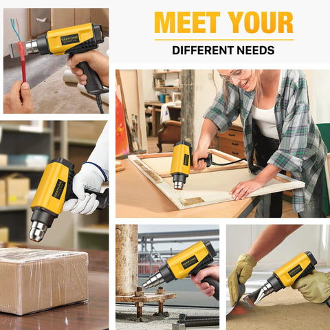 Collage of the 1800W Heat Gun Workhorse With Compact Design And Variable Temperature From 122 To 1202 Fahrenheit in various uses.