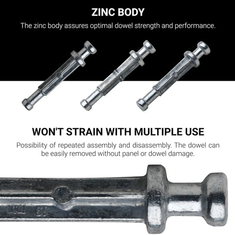 Zero Hassle Smooth Install Heavy Duty Zinc Plated Cam Lock Connectors And Double Ended Dowels For Seamlessly Joining Three Quarter Inch Panels. Zinc double ended dowels for easy assembly.