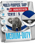 12x12 Waterproof Tarp With Grommets Every 18 Inches 5 Mil Heavy Duty product image with elephant and fabric close-up, blue and silver