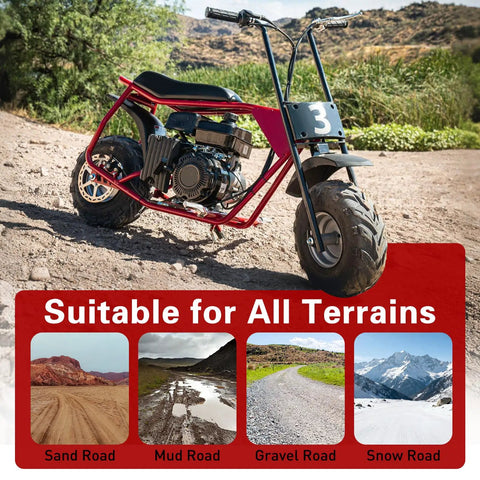145/70-6 Mini Bike Tires Tubeless Replacement for various terrains including sand, mud, gravel, and snow on a red mini bike