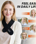 Woman wearing Portable Heated Neck Massager Wrap With 3 Heat Levels And 3 Vibration Modes Rechargeable Soft Wearable Neck Pad