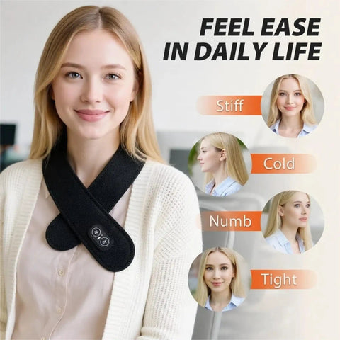 Woman wearing Portable Heated Neck Massager Wrap With 3 Heat Levels And 3 Vibration Modes Rechargeable Soft Wearable Neck Pad