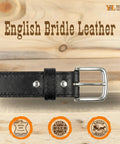 Close-up of black Extra Thick Bridle Leather Belt, stainless rounded buckle, real English bridle leather with Chicago screws.