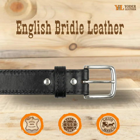 Close-up of black Extra Thick Bridle Leather Belt, stainless rounded buckle, real English bridle leather with Chicago screws.