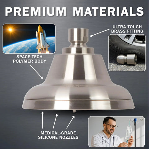 Ultimate Shower Head With Six Power Spray Patterns Including Mist For Real High Pressure Boost, Brushed Nickel, display of materials