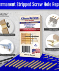12 Pack Brass Door Hinge Repair Kit For Stripped Screws box with tools, showing use for hinges and strike plates