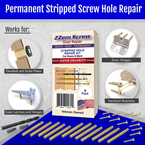 12 Pack Brass Door Hinge Repair Kit For Stripped Screws box with tools, showing use for hinges and strike plates