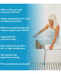 Senior woman using Easy Transfer Shower Bench With Back For Tub And Bathtub Safe Seat For Seniors Adjustable Height Shower Chair