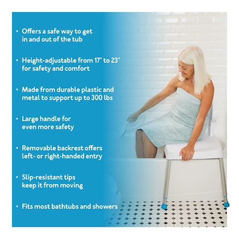 Senior woman using Easy Transfer Shower Bench With Back For Tub And Bathtub Safe Seat For Seniors Adjustable Height Shower Chair