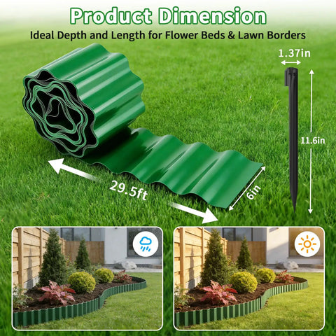 Flexible 6 Inch Corrugated Landscape Edging Kit, 29.5 Feet with 16 stakes for lawns and gardens, showing green wavy design.