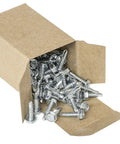 Open box of Three Quarters Inch Hex Washer Head Self Drilling Tek Screw Zinc Plated Steel For Attaching Sheet Metal To Steel