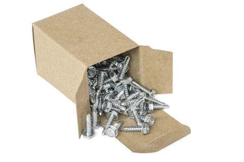 Open box of Three Quarters Inch Hex Washer Head Self Drilling Tek Screw Zinc Plated Steel For Attaching Sheet Metal To Steel