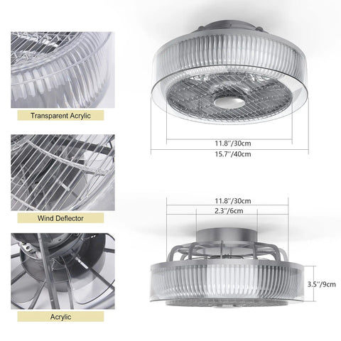 16 Inch Bladeless Ceiling Fan With Light, Modern Low Profile Enclosed Flush Mount, Dimmable LED Technology, Safe Cage Housing, Remote Control Included, Ultra Quiet Operation For Bedroom And Low Ceiling Rooms