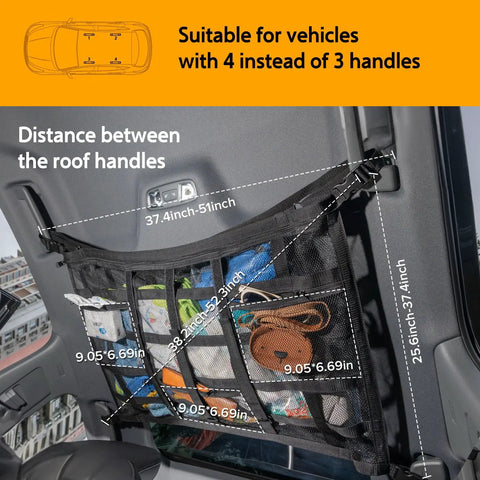 Overhead Vehicle Cargo Net With Three Pockets 31.5 X 21.6 Inch Roof Storage Mesh Organizer installed in car roof area