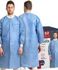 Front and back view of Case Of 50 Disposable Blue Lab Coats With Three Pockets And Soft Knit Cuffs And Collar Unisex Knee Length Medical Lab Jacket For Hospitals Clinics Labs And Dental Offices Large.