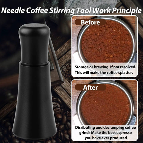 Espresso Distribution Tool with 0.35mm 304 Stainless Steel Needles Installed Plus 10 Extra and Matte Black Stand, before and after use.