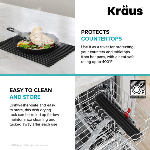 Over Sink Roll Up Dish Drying Rack Multipurpose Colander And Trivet Black Finish used as trivet with skillet, dishwasher safe storage