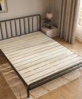 Queen Foldable Floor Bed Frame Built Tough With Heavy Duty Pine Wood Slats Features An Elevated Airflow Gap Hassle Free Setup Rock Solid Platform Sleeping Base For Bedrooms with natural pine wood slats.