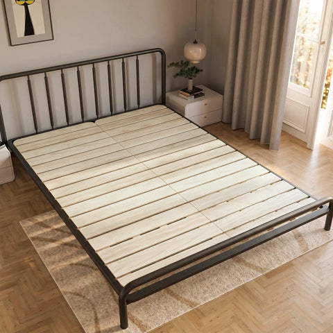 Queen Foldable Floor Bed Frame Built Tough With Heavy Duty Pine Wood Slats Features An Elevated Airflow Gap Hassle Free Setup Rock Solid Platform Sleeping Base For Bedrooms with natural pine wood slats.