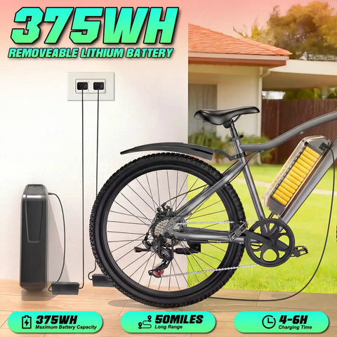 Adult Electric Bike 26 Inch Commuter With 7 Speed Gears And A Smooth 25 MPH Cruise Powered By A Heavy Hitting 720W Peak Motor Paired With A Swappable 375Wh Battery Built For A Rock Solid 50 Mile Range On City Streets Or Dirt Trails In White featuring 375Wh removable lithium battery